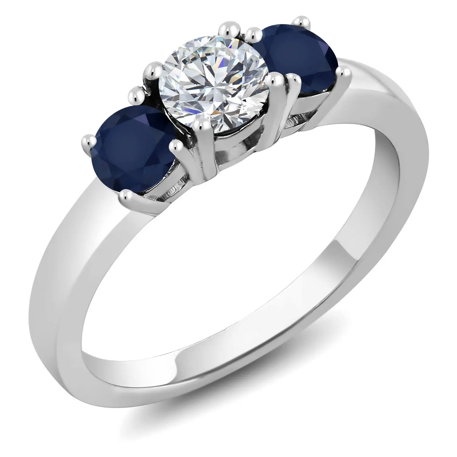 Gem Stone King 925 Sterling Silver Lab Grown Diamond and Blue Sapphire Engagement Ring For Women | 1.20 Cttw | Round 5MM | Gemstone April Birthstone