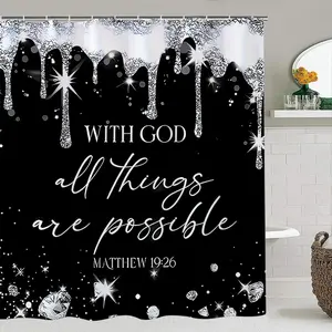 Religious Inspirational Shower Curtain Set, Bathroom Accessory, Bathroom Decoration Accessories, Home Goods, with God All Things Are Possible, Includes 12 Plastic Hooks, Non-Slip Mat, Toilet Lid Cover