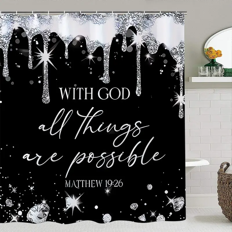 Religious Inspirational Shower Curtain Set, Bathroom Accessory, Bathroom Decoration Accessories, Home Goods, Bathroom Shower Curtain Sets, with God All Things Are Possible, Includes 12 Plastic Hooks, Non-Slip Mat, Toilet Lid Cover