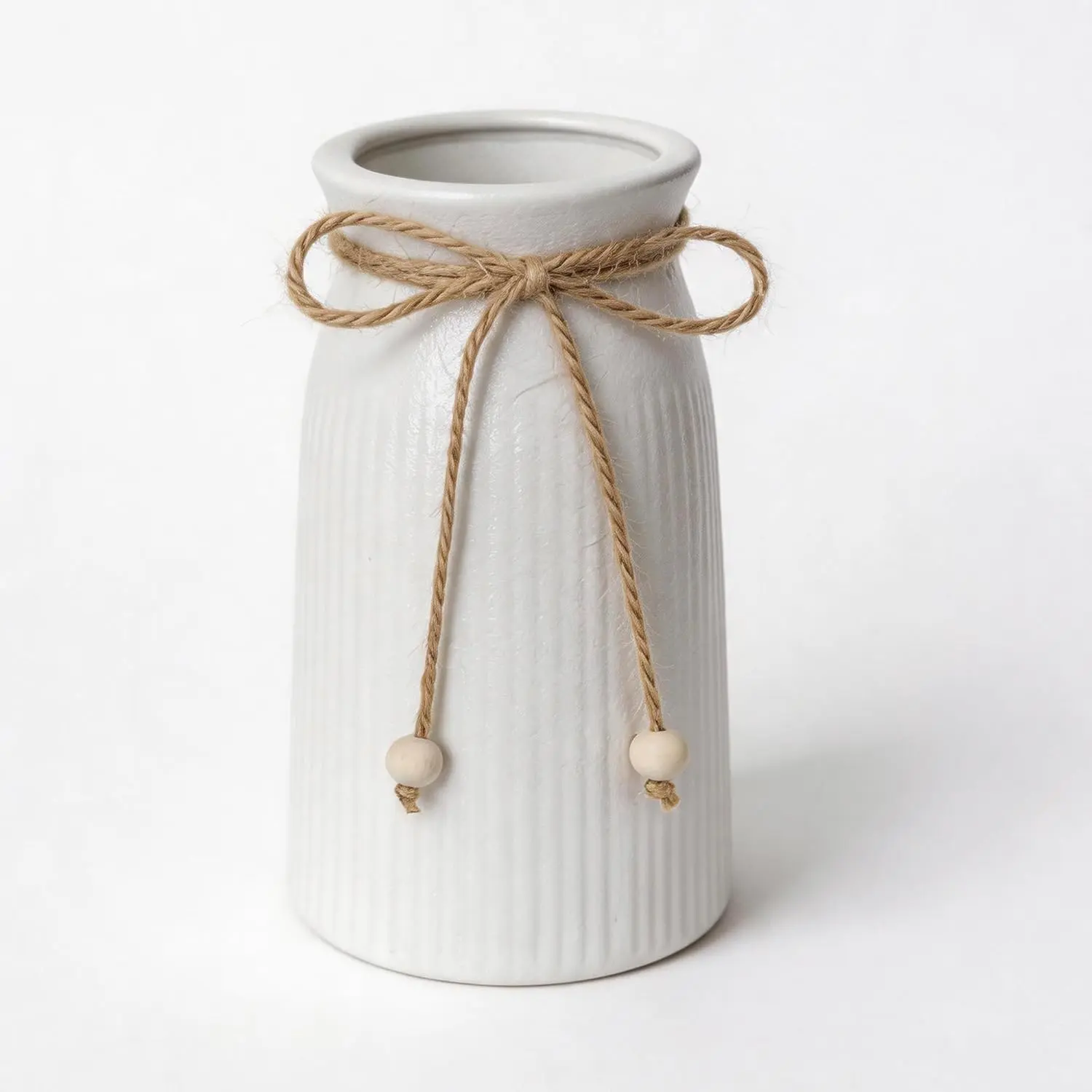Small Ceramic Vase for Home Decor, 6 Inch Modern Farmhouse Vase with Twine Bow, Textured White Decorative Vase for Flowers, Table Centerpiece, Shelf, Living Room, Office