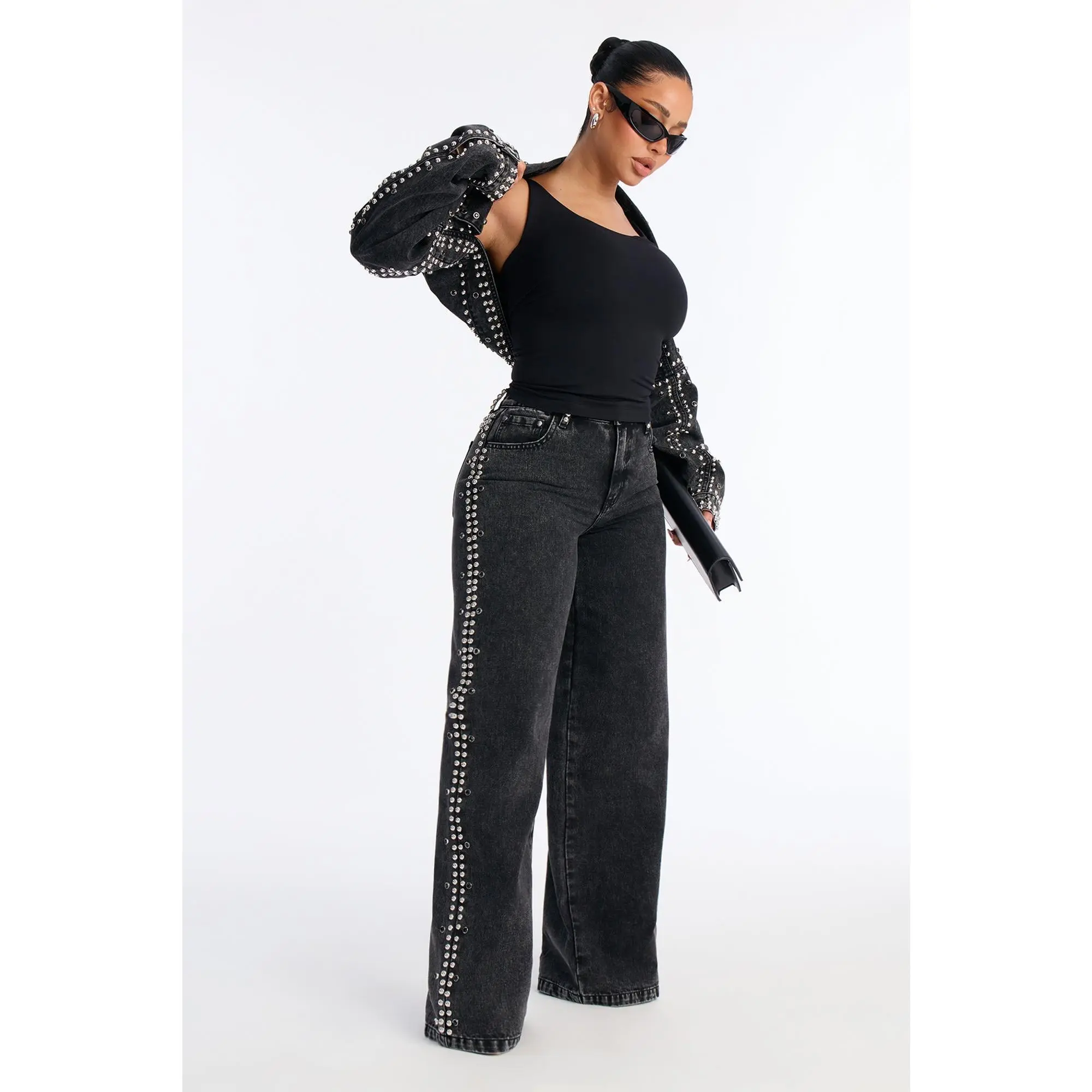 Hollywood Studded Loose Fit Jeans - Black Wash