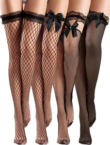 4 Pairs Fishnet Thigh High Stockings Silky Bow Lace Top Sheer Over Knee Stocking for Women