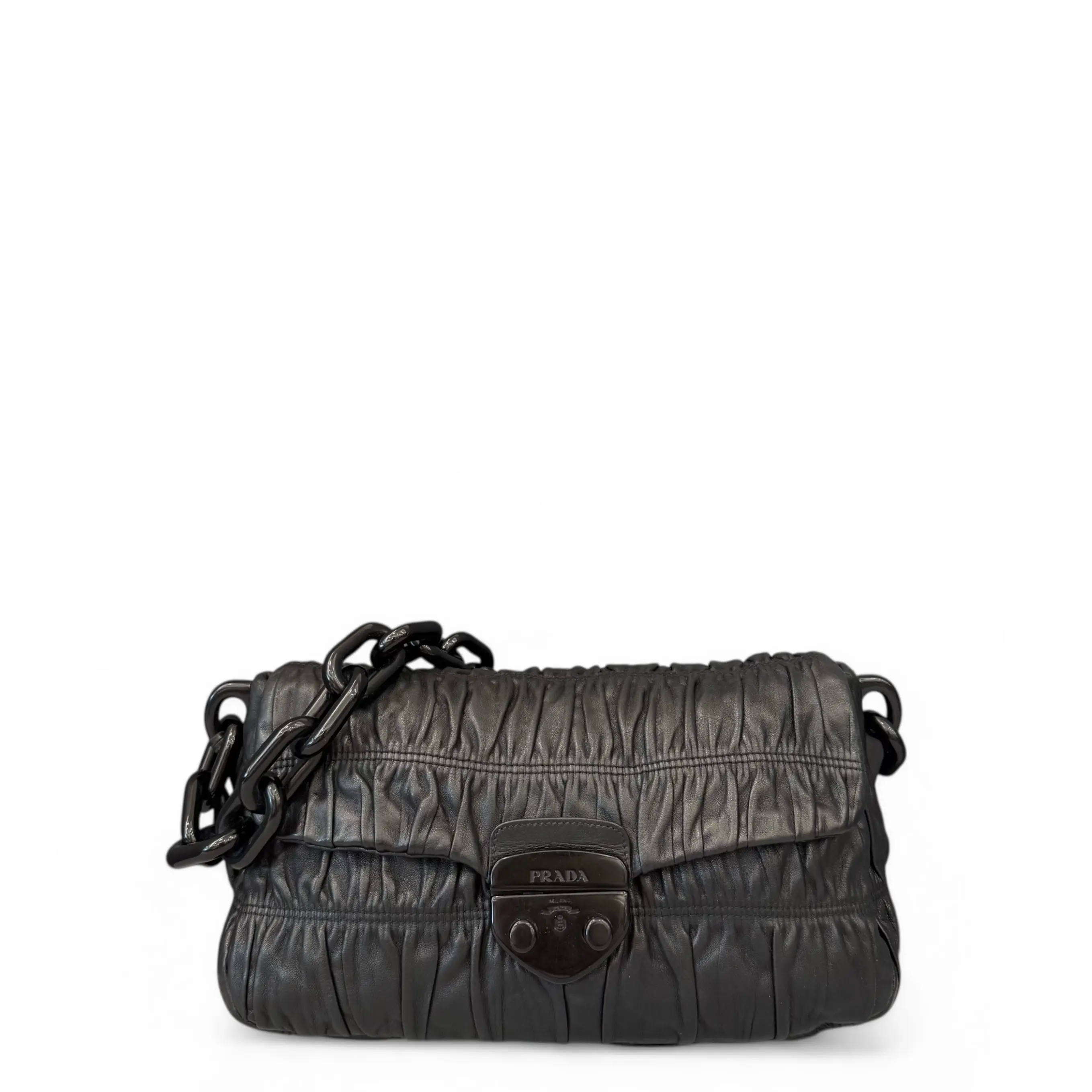 Pre-owned PRADA Leather Shoulder Bags Flap Bag Crumpled Lambskin Black (ym040126g5)