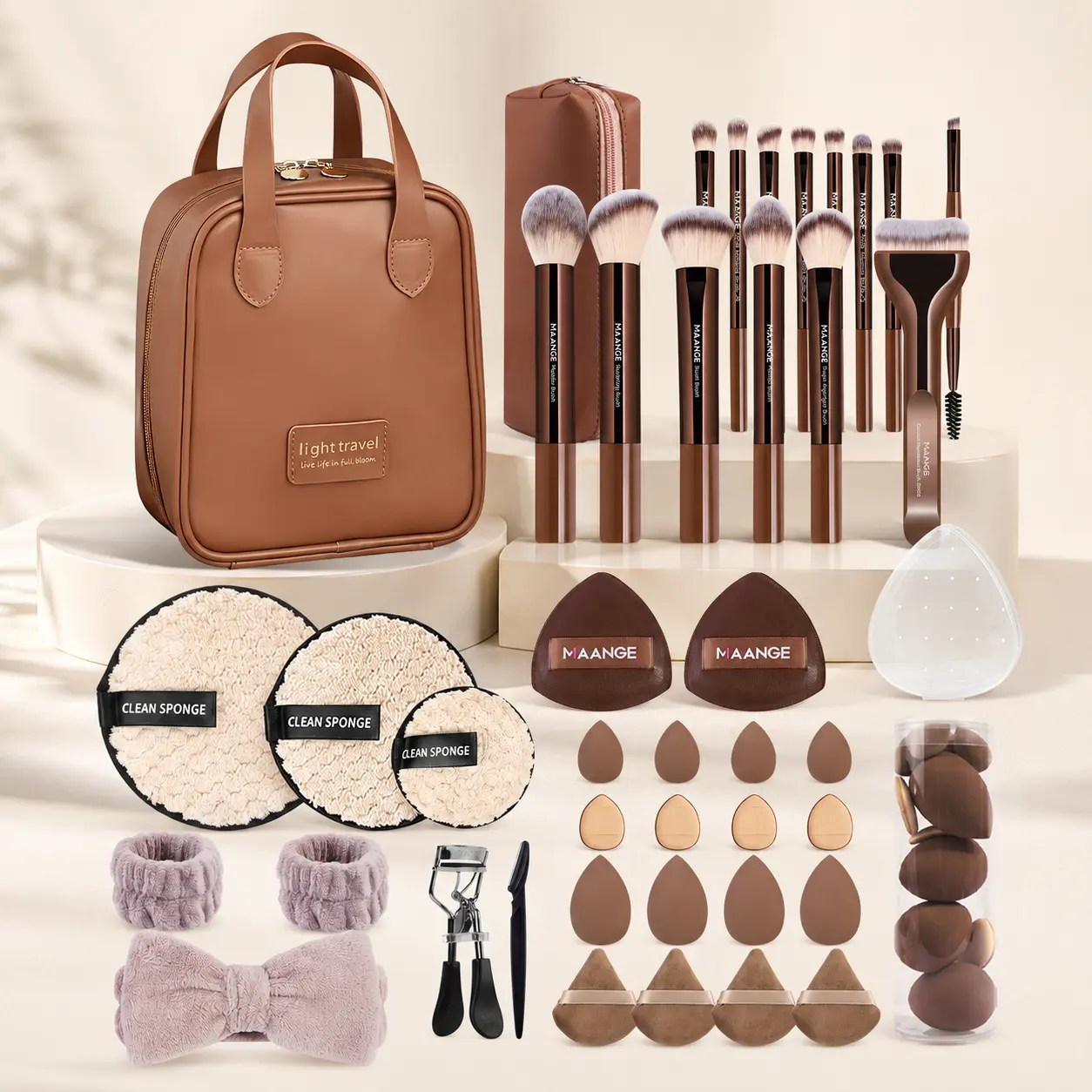 MAANGE Professional Makeup Brush Set with Bag – Full Face Makeup Brush Kit with Sponges & Powder Puffs ,Soft Multifunctional Cosmetic Brushes for Powder, Liquid & Cream, Beginner-Friendly Gift Idea for Women#DealsForYouDays#SummerWins