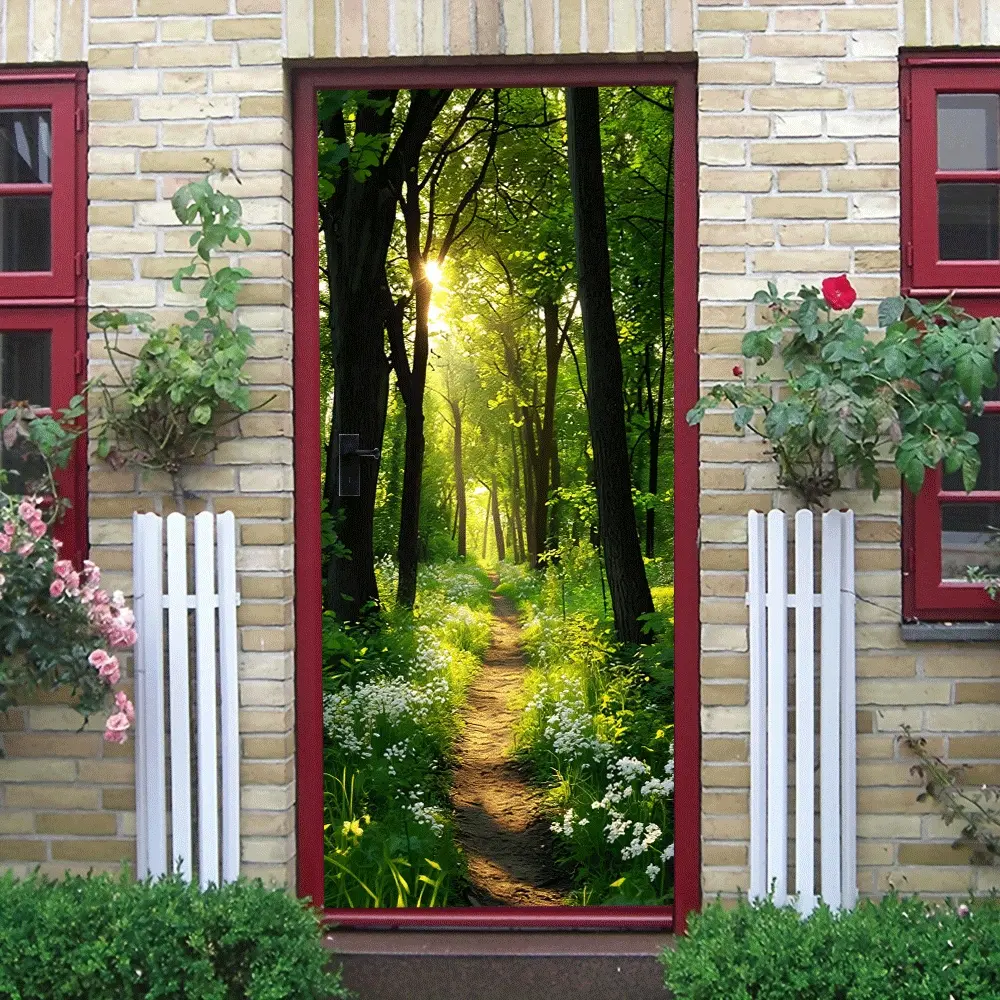 2pcs Sunny Forest Path Wall Sticker Natural Scenery Removable Self-Adhesive Decal for Bedroom Living Room Home Decor Green Woodland Wall Art Mural Decorative Sticker