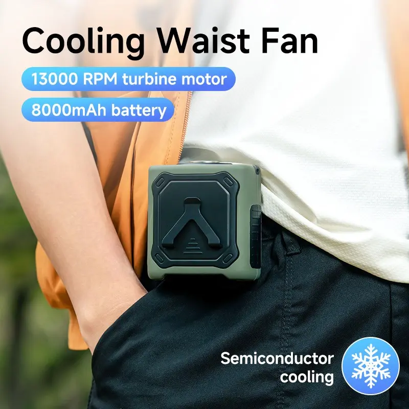 Portable handheld fan, lightweight fan, cooling fan, High Speed Fan, Rechargeable Personal Fan, 8000mAh, waist fan, Suspended Waist Fan, rechargeable power supply with flashlight, ABS shell, multifunctional travel necessities for men gift-army green