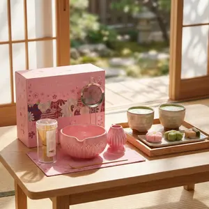 ZENS Lotus Matcha Whisk Set Pink Set 6 Hand Sprayed Glaze Bamboo Whisk 450ml Ceramic Bowl Tea Towel Gift for Tea Lovers for ValentinesDay