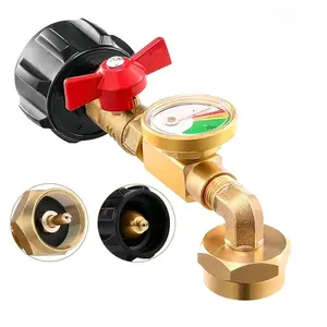 Upgraded Propane Refill Adapter 20lb to 1lb Converter, Design with Valve and Gauge, QCC1 Propane Refill Adapter 90-Degree Elbow, Hardware Accessories, Brass, Valve Gauge