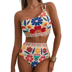 Women's 2-Piece High-Waisted 1-Shoulder Floral Print Tummy Control Swimsuit, 2-Piece Sets, Bathing Suits Tummy Control (2026), Two Piece Sets