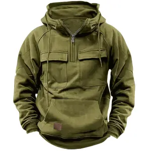 Men's Half-zip Tactical Hooded Sweatshirt, Solid-color Warm Fleece Workwear Style Sweatshirt, Men's Multi-pocket Hooded Jacket