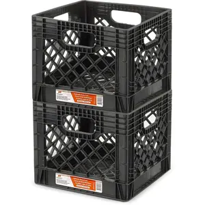 Juggernaut Storage 2-Pack Stackable Heavy Duty Milk Crates with Handles, 16 Qt, Black - Organizing Plastic Crate Basket for Grocery Shopping, Home Supplies, and Bathroom Accessories