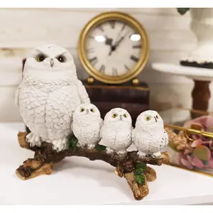 Ebros White Owl Perching On Tree Branch With 3 Baby Owlets Statue 10.25" Wide