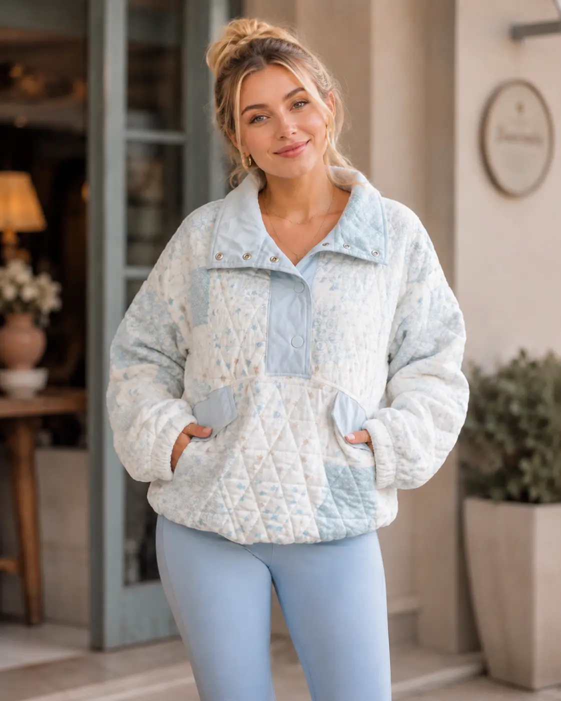 Women's Wildflower Trails Patchwork Quilted Snap Pullover Hoodie - Casual, Long Sleeves, Essential, Relaxed Fit Long-Sleeved Everyday Top