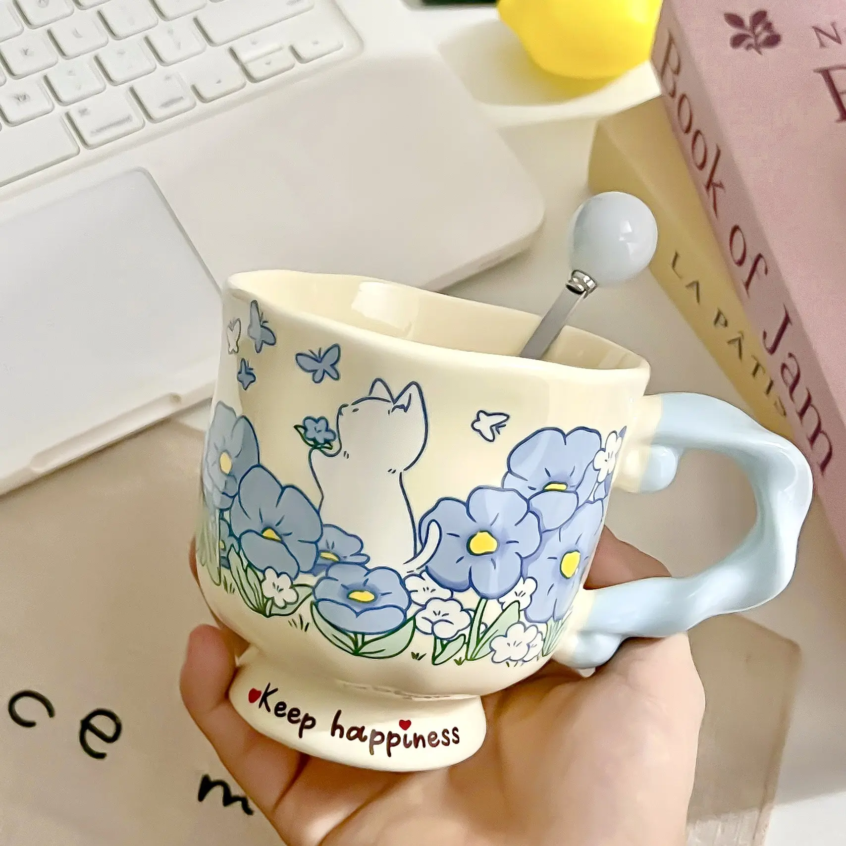 Ceramic Cat Flower Mug with Lid, Home Use Couples Matching Cups, Perfect Birthday Gift for Women, Wedding Favor Souvenir, Drinkware, Coffee Mugs, Ceramic Coffee Cup