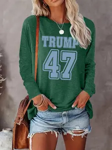 Women's Letter & Number Print Round Neck Tee, Casual Long Sleeve Crew Neck Top for Spring & Fall, Women's Top for Daily Wear