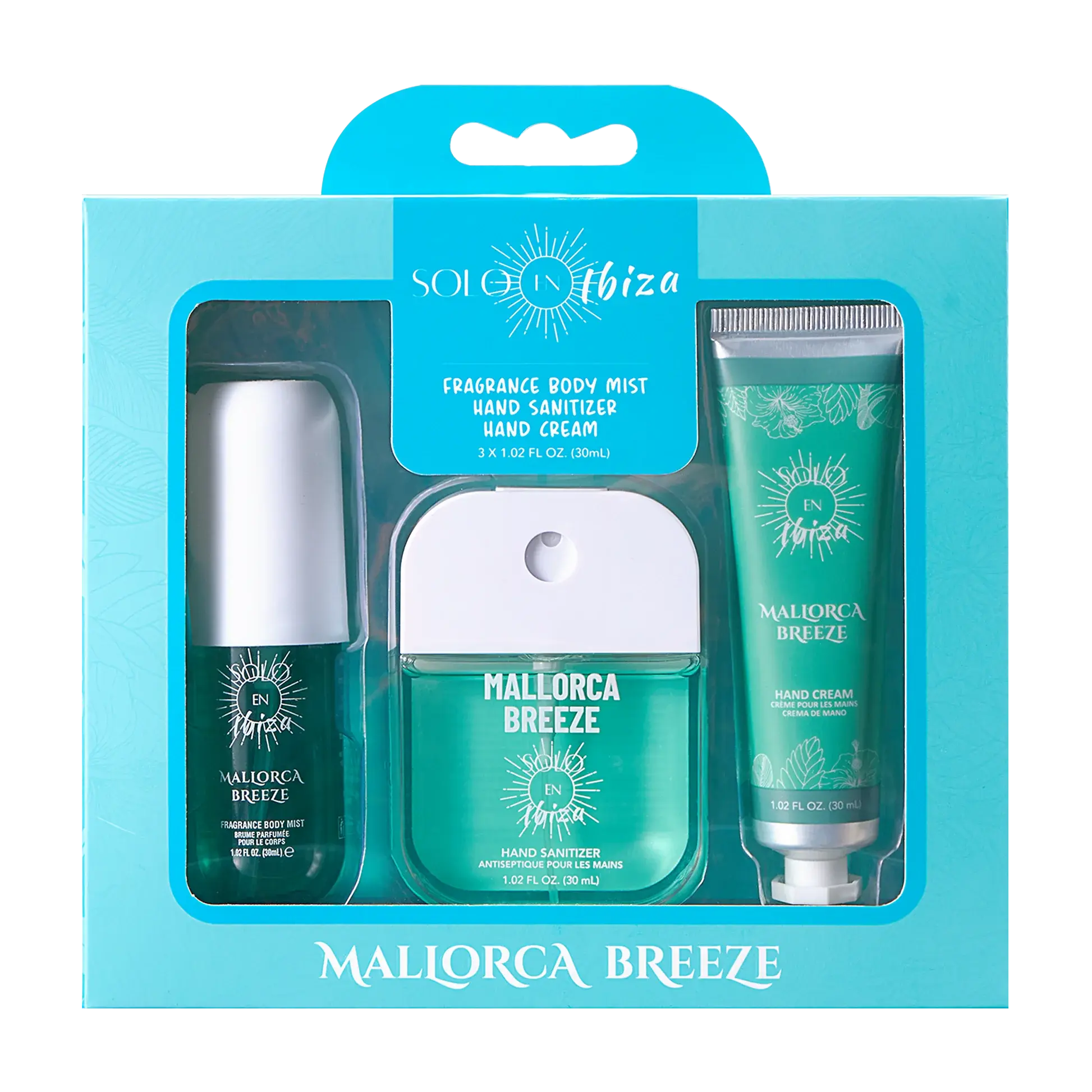 SOLO EN IBIZA 3-Piece Hand & Body Care Mini Gift Set - Mallorca Breeze Scent with Lychee & Vanilla Notes, Travel Size Body Mist, Shea Butter Cream, Anti-Bacterial Sanitizer for Clean Hands, Giftable Set with Orchid, Floral, Fruit, Coconut Aromas, Mini Gif