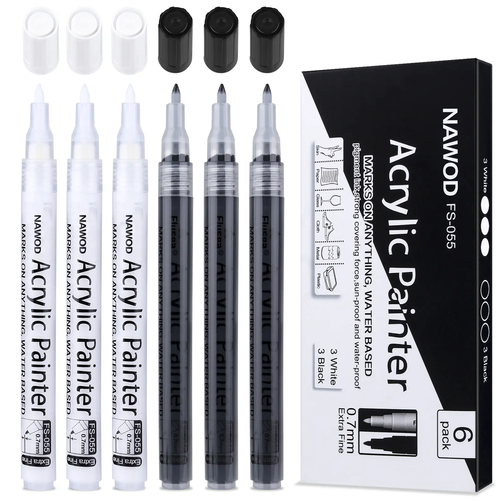 [ Back to School ] NAWOD Paint Pens White Black Acrylic Marker 6 Pack, Acrylic Permanent Marker, White Paint Pens for Rock Ceramic Wooden Leather Glass Painting Metal Tire, 0.7mm Extra Fine Point Quick Drying, Non Toxic, Non Odor