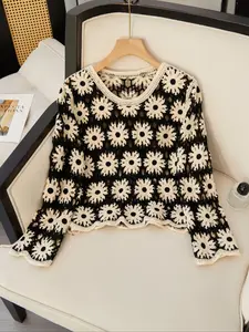 Elegant Boho Knit Embroidered Hollow Out Top, Long Sleeve Round Neck Knitted Pullover, Spring & Fall Fitted Casual Sweater for Women Knitwear