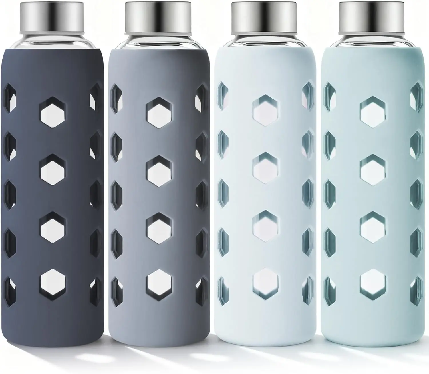 18 oz Glass Water Bottles with Lids & Silicone Sleeves, 4-Pack | BPA Free, Leak-Proof Reusable Glass Drinking Bottles with Stainless Steel Airtight Cap for Juicing, Dishwasher Safe, Non-Slip