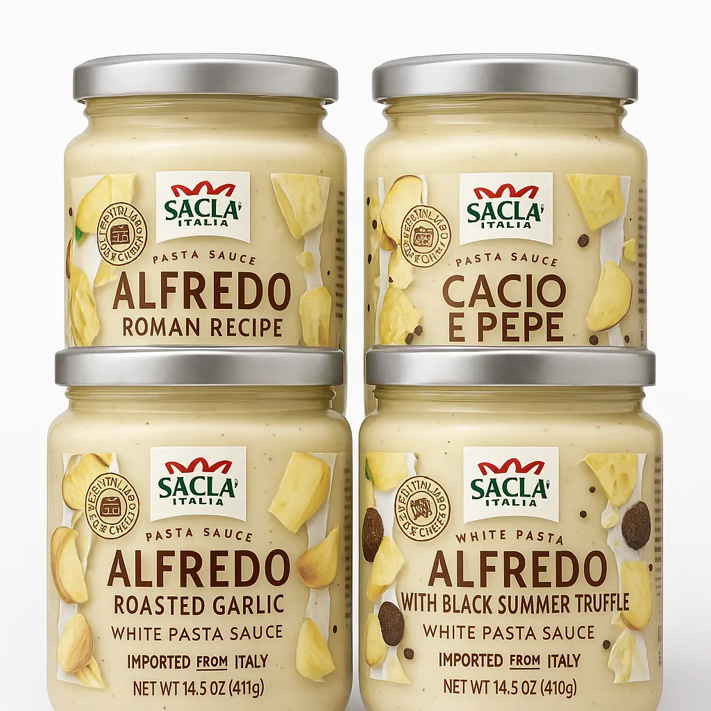 Sacla White Italian Pasta Sauce Discovery Kit | Includes 4 Full Sized Jars | Classic Roman Alfredo, Roasted Garlic Alfredo, Black Truffle Alfredo & Cacio e Pepe Sauce | Authentic Sauce Kit Imported from Italy