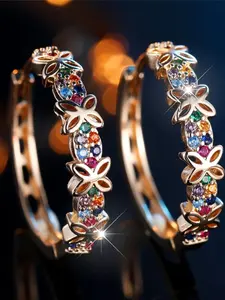 Cute Female Rainbow Synthetic Crystal Zirconia Flower Hoop Earrings For Women Butterfly Design Gold Color Wedding Jewelry Valentine's Day Gift