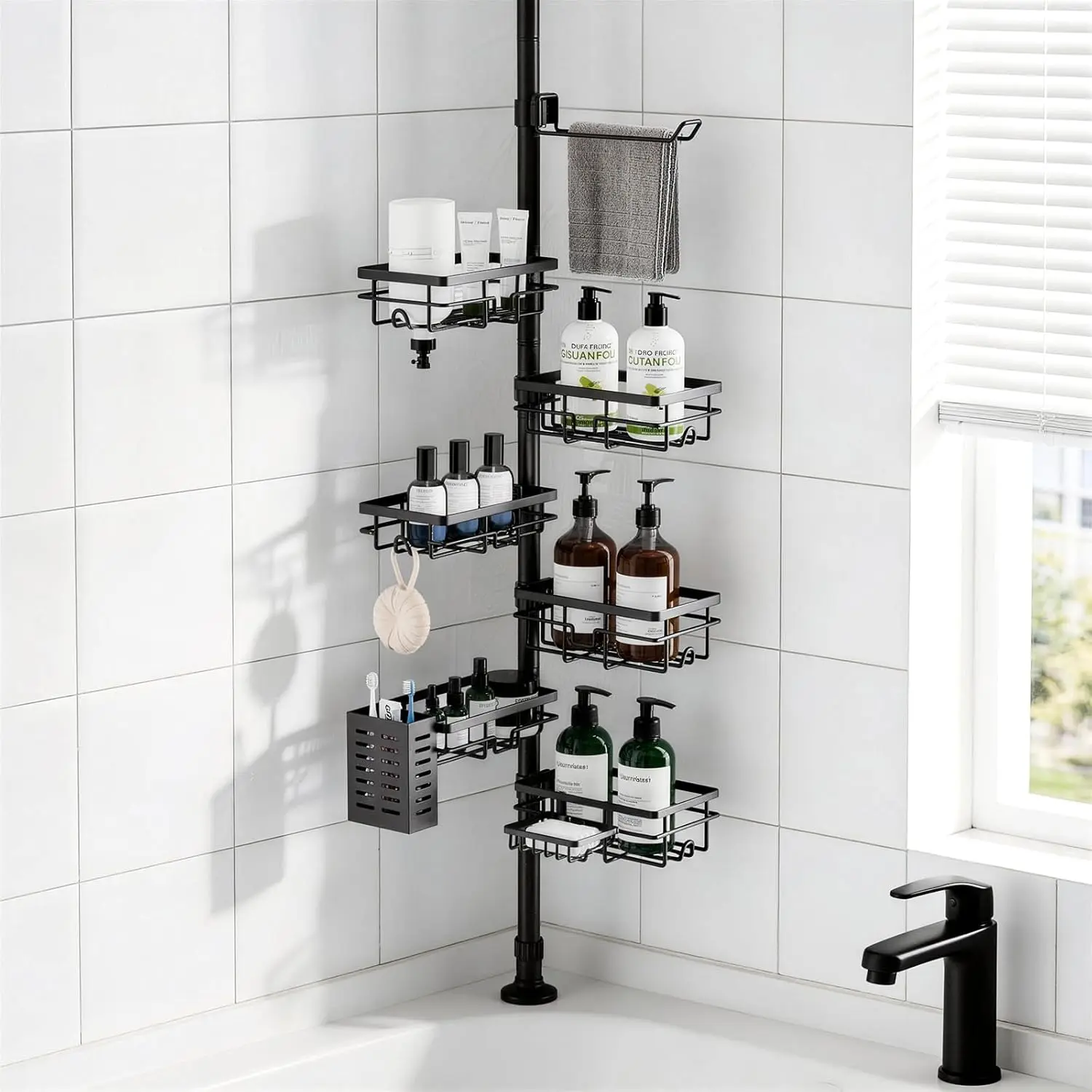 FEELSO Rustproof Stainless Steel Tension Pole Shower Caddy Organizer, Easy-Installation 6-Pack Corner Shelves with 30-120in Adjustable Rack, Extra Towel Bar, Soap Dish & Toothbrush Holder for Modern Bathroom Storage, Black, Tension Mount