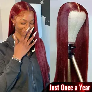 TikTokShopBlackFriday Burgundy Lace Wig Straight Brazilian Human Hair Wigs 99J Colored 13x4 Transparent Lace Frontal Wig for Women Pre Plucked Red Wig 180% Density Bling Hair