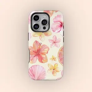 Hibiscus Seashell  Premium Film 2 in 1 Phone Case - Durable, Shock Absorbing and Stylish Protection - Compatible with iPhone 16, 15, 14, 13, 12, 11, Plus, Pro, Pro Max, Perfect birthday gift for friends. Local Personalized