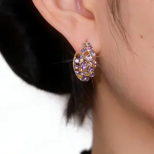 Purple Crystal Hoop Earrings 14K Gold Plated Rhinestone Ear Cuffs Sparkling Hoop Earrings Vintage Inspired Statement Jewelry, Elegant Earrings for Women