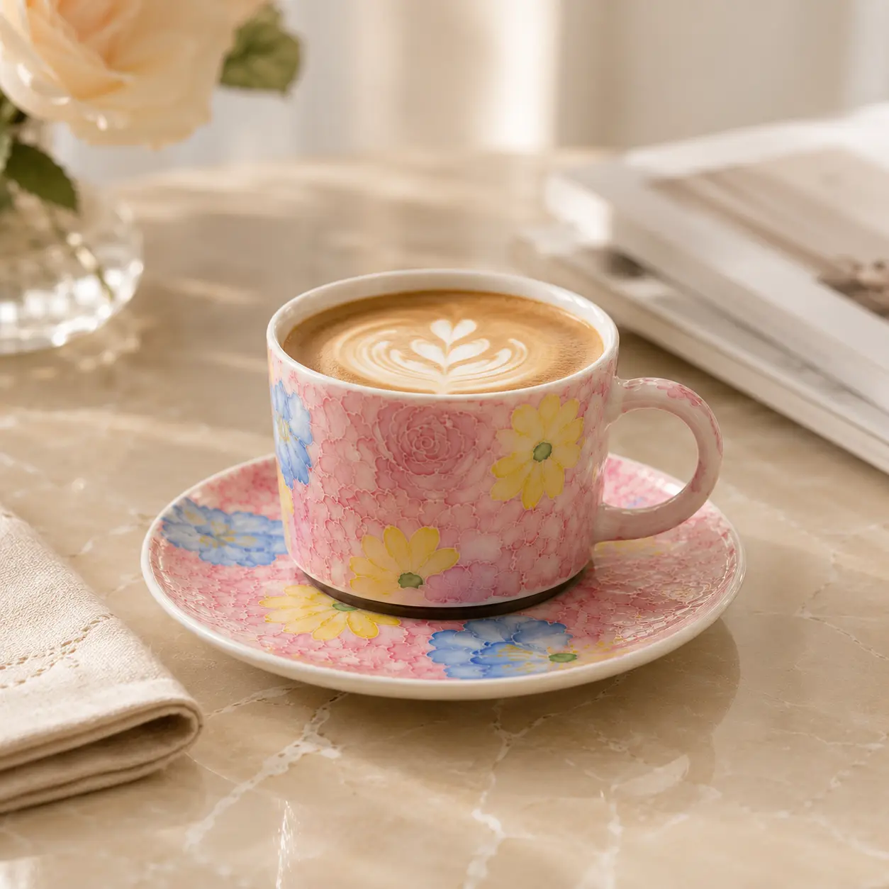 Hand Painted Ceramic Beverage Cup with Saucer - Modern Unique Design Single Set Round Mug, 3D Glazed Stoneware Cute Cups for Latte, Cappuccino, Kitchenware Drinkware Gift