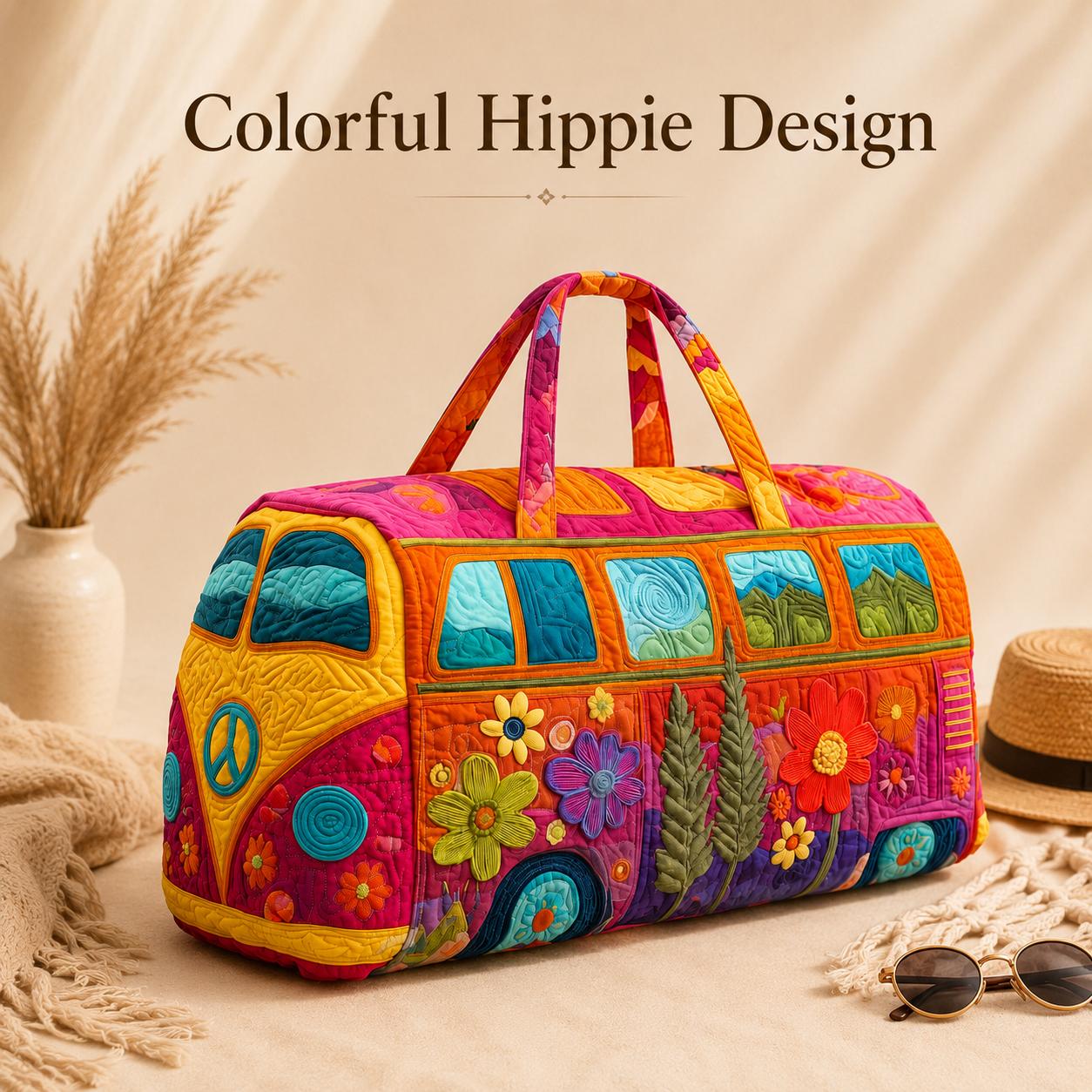 18 Inch Boho Quilted Weekender Bag, Colorful Retro Van Duffel Bag for Travel, Beach, Gym and Weekend Getaway