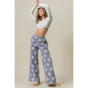 BiBi Women's Spandex Floral Wide Pants with Side Pockets, Coordinating Floral Blouse Top for Women's Bottom Outfits