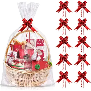 Large Cellophane Bags 30x40 Inch, 10 count Large Cellophane Wrap for  Baskets with 10 count Red Pull Bows, Plastic Clear Cello  Basket Bags for Halloween Christmas Fall Thankgiving Party Supplies