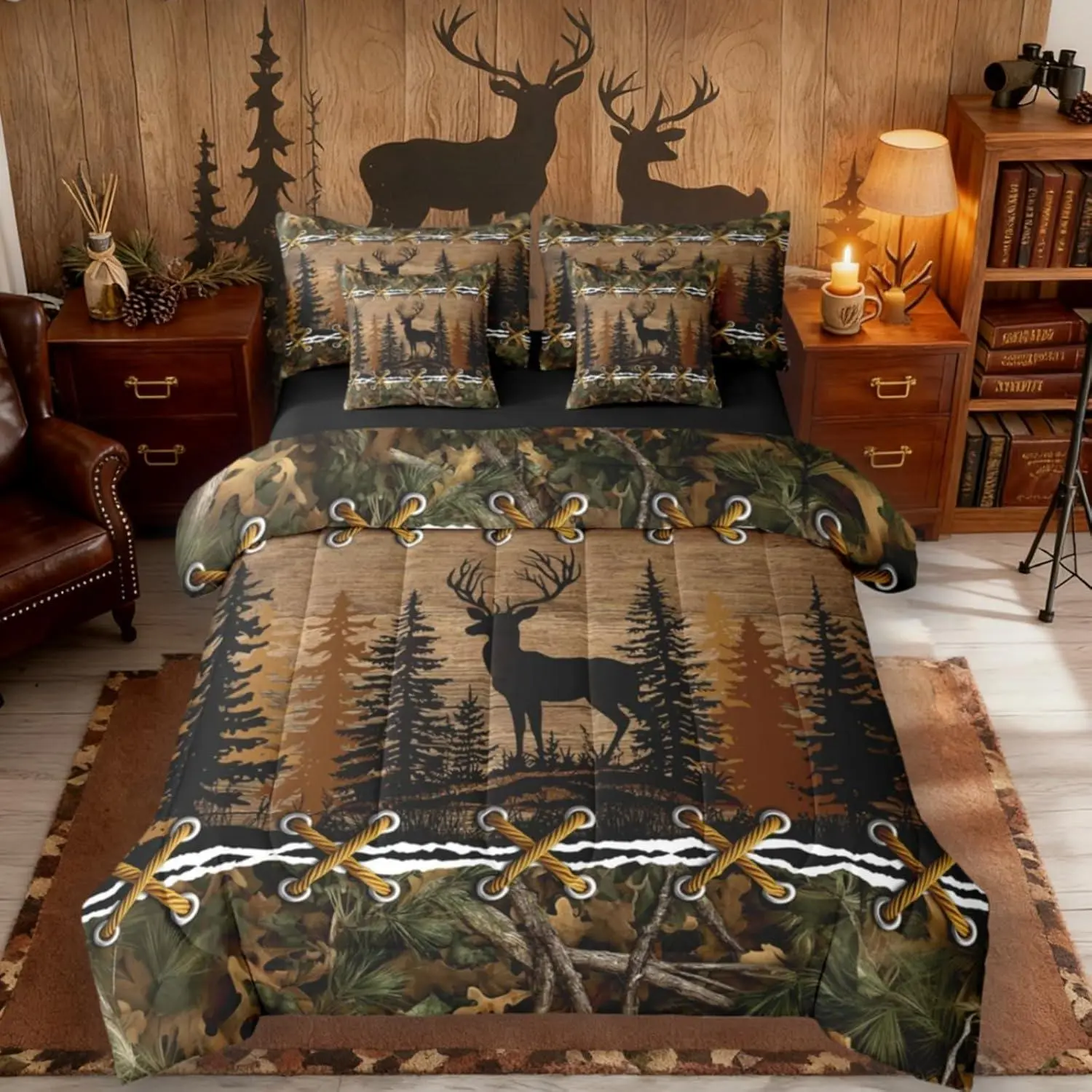 Feelyou 7-Piece Country Camo Quilt Bedding Set - Queen Size Comforter, Bedsheet Sets, Men's Farmhouse Bedding Collection with Woodland Animals (Deer, Elk, Moose)