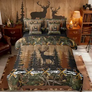 Feelyou 7-Piece Country Camo Bedding Set - Comforter Queen Size, Sheet Set, Mens Woodland Animals (Deer, Elk, Moose) Farmhouse Bedding Collection