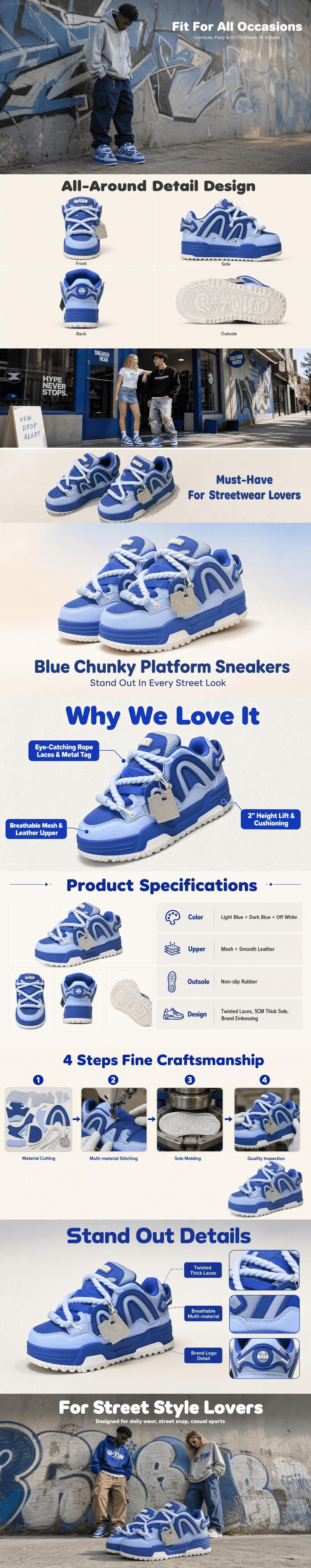 Q-AND Streetwear Casual Board Shoes Chunky Platform Skate Sneakers Thick Rope Lace Non-Slip Height Boost Fashion Sneakers 4 Colorways