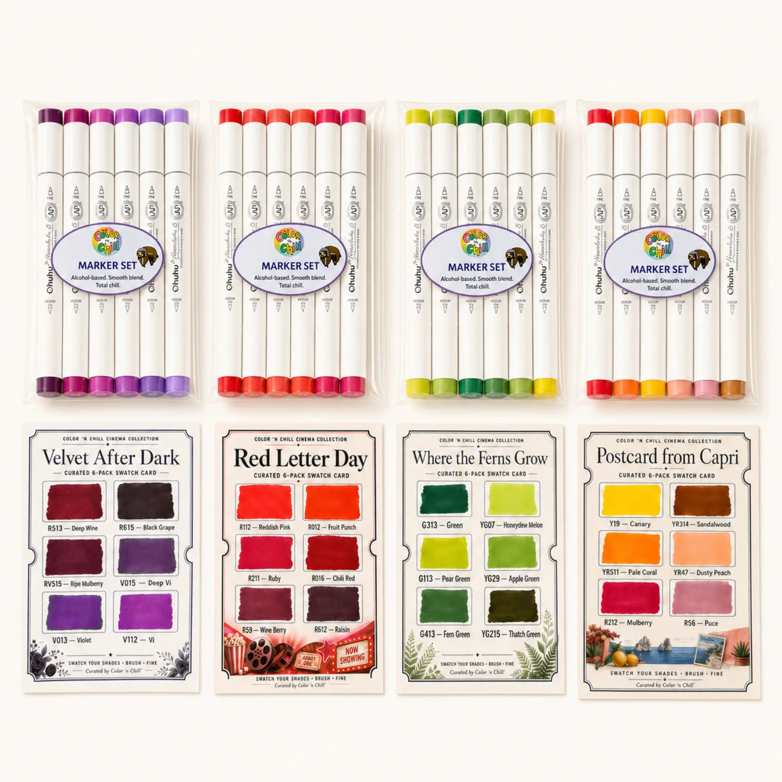 Ohuhu Honolulu B Color ’n Chill Cinema Collection Curated 6-Marker Set – Alcohol Art Markers