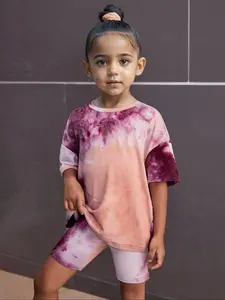 Two-piece Set Girl's Toddler Tie Dye Drop Shoulder Tee & Short Set, Casual Fashion Cozy Round Neck Short Sleeve T-shirt & Skinny Bottoms for Daily Outdoor Wear, Kids Clothing for Summer