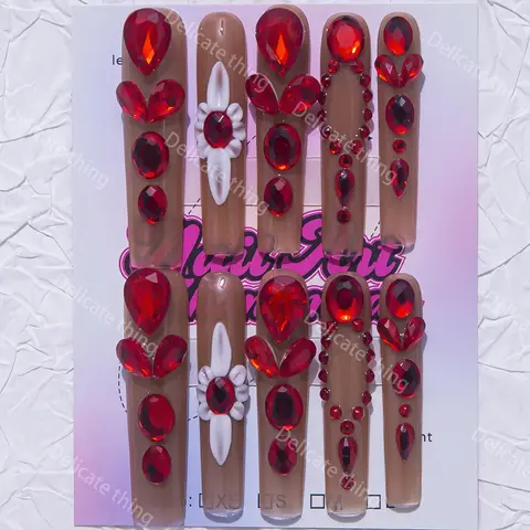Delicatething Y2K Style Coffin Nails Set, Handmade Press On Wearable Nail Art Nail Tips Decorative Nails with Gemstone Design, Nail Art Products, Perfect Gift for Women, Includes Jelly Glue and Crystal Rods