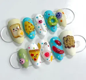 Cute Food Press-On Nails, 3D Cartoon Pizza Donut Cookie Nail Art, Handmade Kawaii Snack Nails, Colorful Y2K Fun Custom Set, Cute Custom Nail