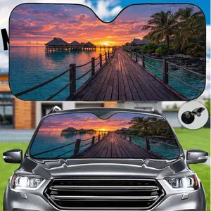 1pc Tropical Sunset Overwater Bungalows and Boardwalk Print,  Decorative Windproof and Sunshade, UV Protection to Keep Your Car Cool, Foldable Easy Storage Interior Accessory, Elastic Buckle Fits Most Cars, New Car Owner Valentine Easter Perfect Gift