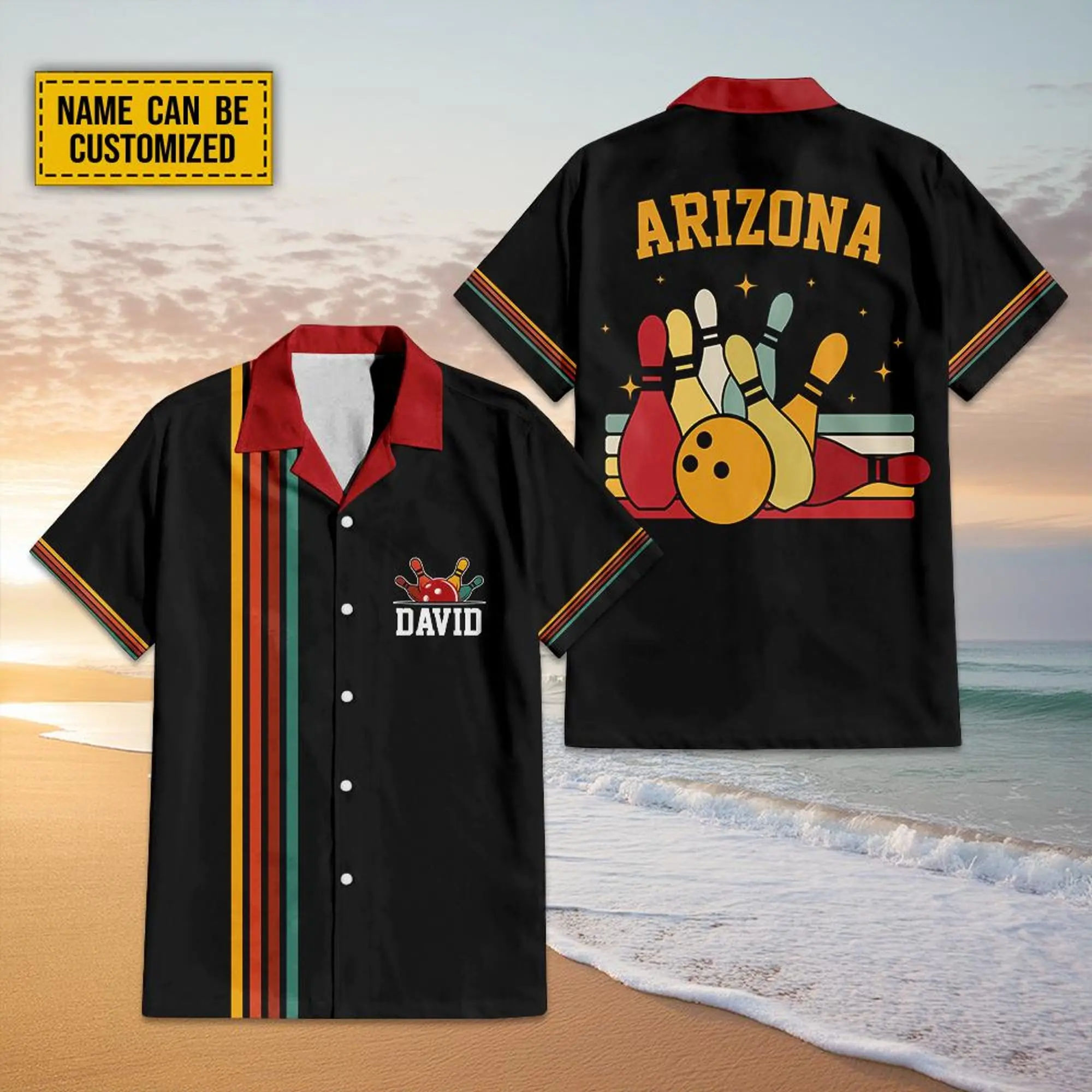 Personalized Retro Bowling Hawaiian Shirt, Custom Name Button Down Shirt, Matching Bowling Team Shirt, Bowling Lover Gift, Bowling Shirts