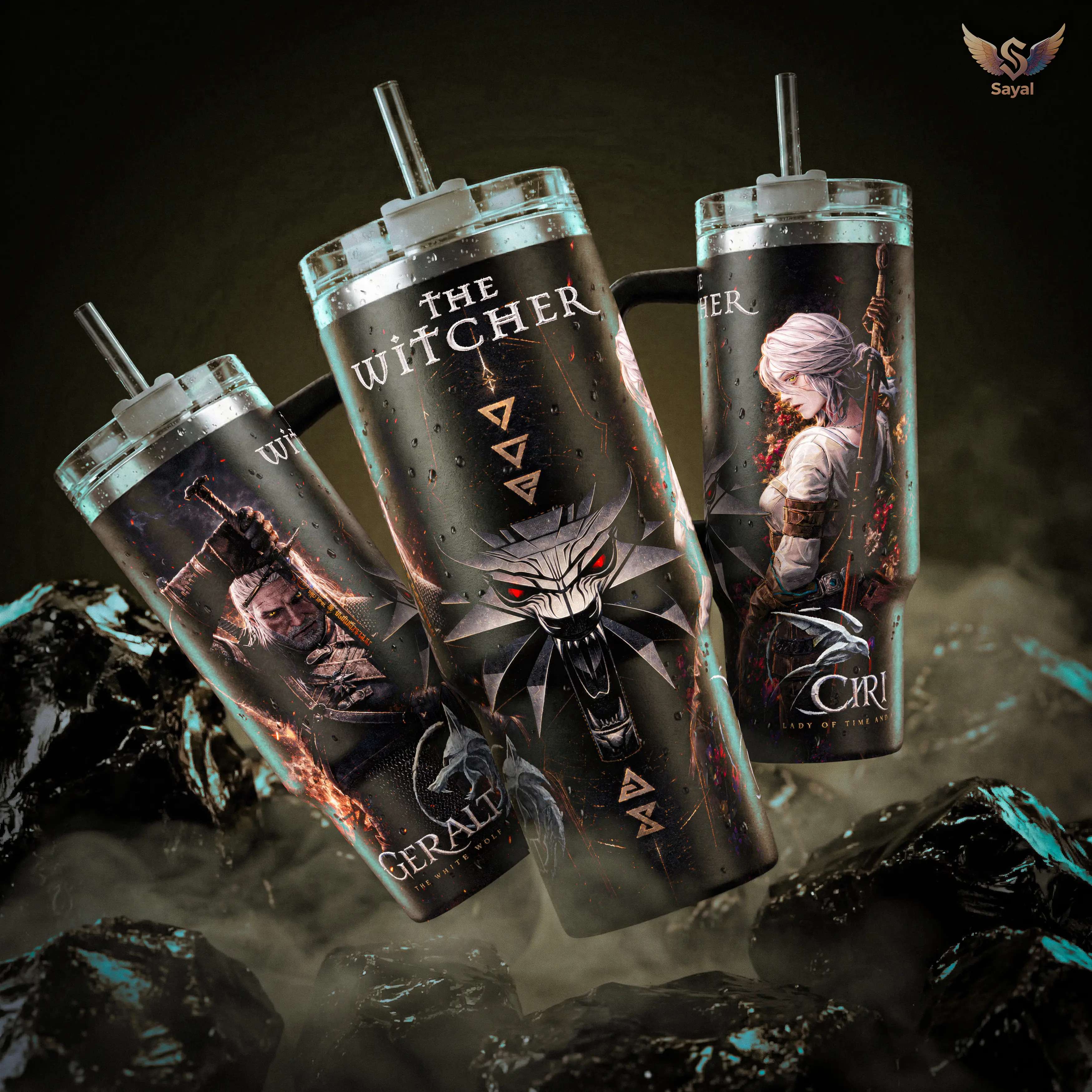 The Witcher Geralt Ciri Monster Slayer 40 20 oz Insulated Tumbler Stainless Steel With Handle Straw Keeps Drinks Hot Cold Dark Fantasy Gaming Merch For Fans