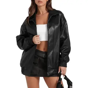 Leather Jacket Women Faux Oversized Motorcycle Bomber Coats 2024 Fall Outfits Winter Clothes
