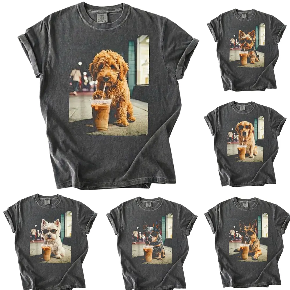 Comfort Colors 50+ Dog Breeds Available Iced Coffee Shirt, Funny Dog Coffee Lover Tee, Grunge Frenchie Graphic Shirt, Trendy Aesthetic Dog Tee, Comfort Colors Shirt