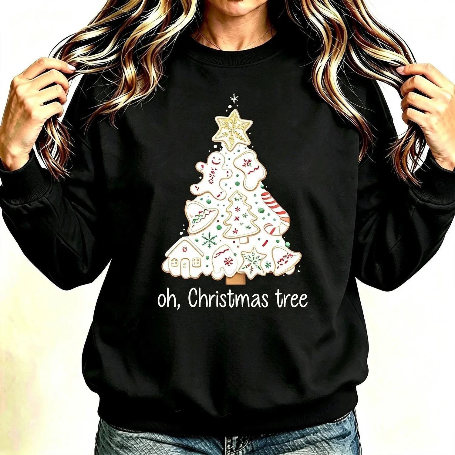 Oh Christmas Tree Gingerbread Cookie Frosted Biscuit Candy Cane Snowflake Xmas Crew Neck Sweatshirt Winter Holiday Casual Pullover Top