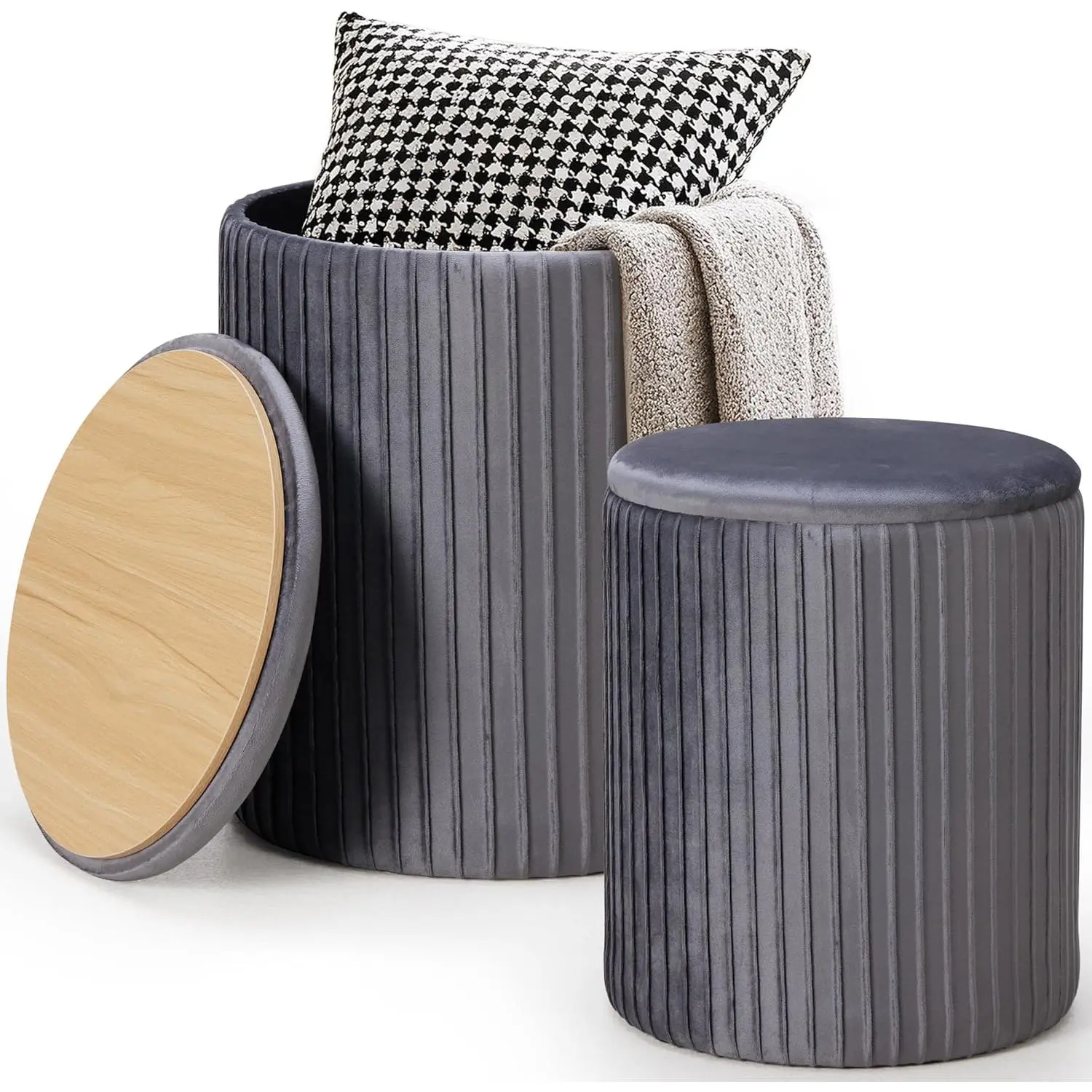 Set of 2 Velvet Storage Stools with Footrest & Hidden Storage – 18" & 14" Round Ottomans, Supports 250 LBS, for Bedroom, Living Room, Dorm, Apartment (Black/Beige/Grey)