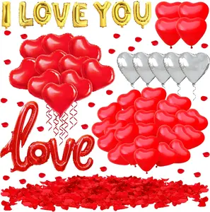 Valentines Day Balloons Kit, 57 Pack Red Heart Balloons and 500pcs Rose Petals, I Love You Balloons for Happy Anniversary Wedding Romantic Decorations Special Night