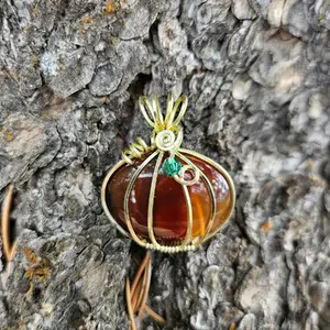 Gold Wire Wrapped Banded Carnelian Crystal Pumpkin Pendant with Green Leaf