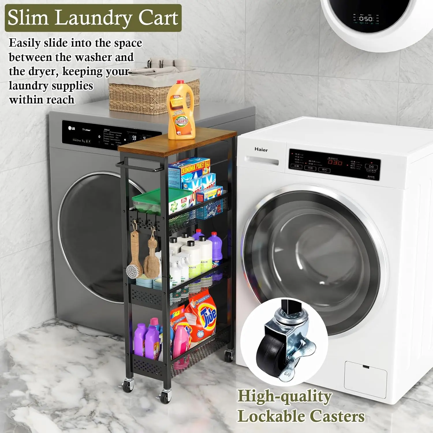 4-Tier Slim Rolling Cart with Wooden Tabletop,Mobile Metal Utility Storage Cart,Slide Out Narrow Cart for Tight Spaces on Bathroom Kitchen Laundry Room Bedroom Apartments Dormitory Mother's Day
